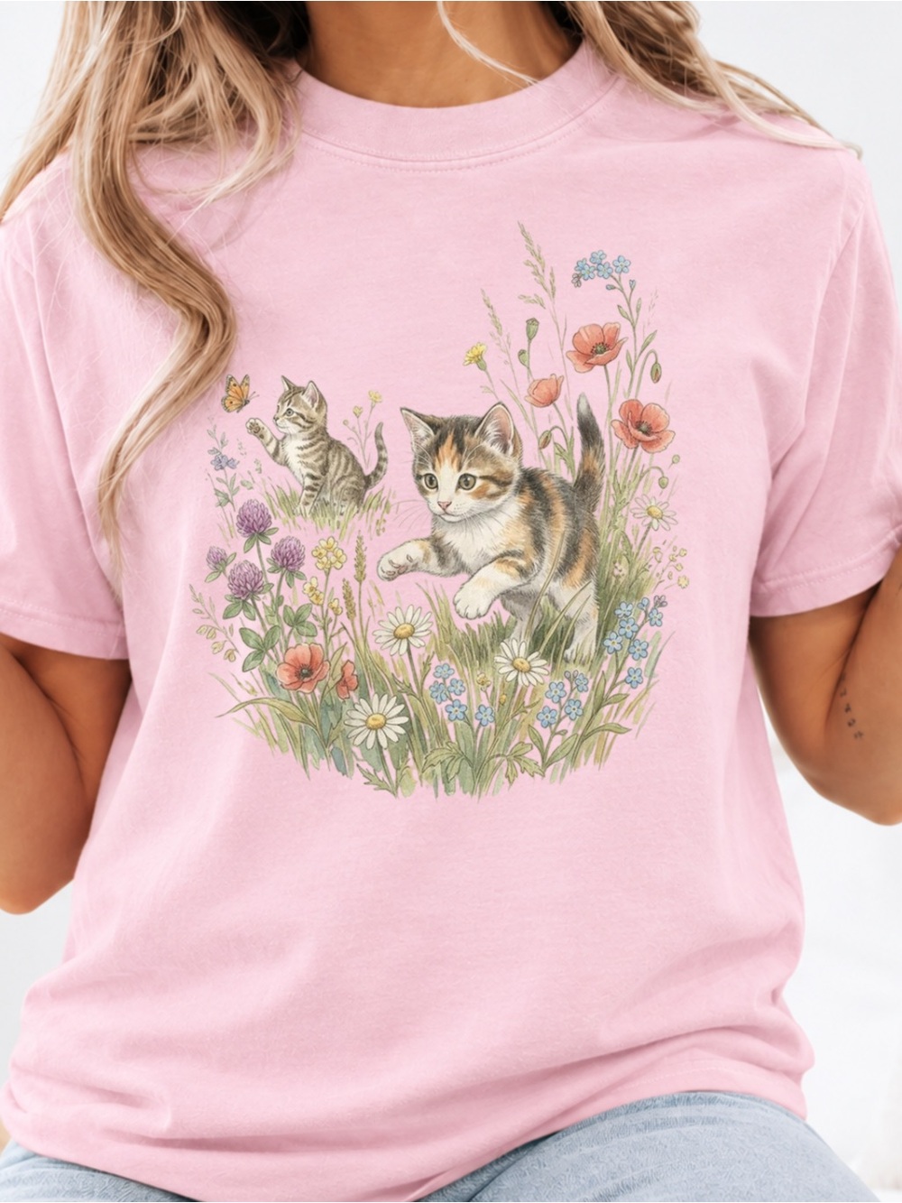 Gildan Pink Playful Kittens and Wildflower Graphic Shirt